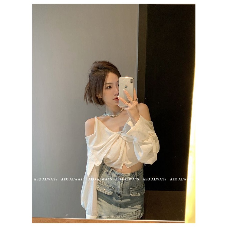 Áo Sơ Mi Trễ Vai Tay Dài Màu Trơn Thời Trang Hàn Quốc