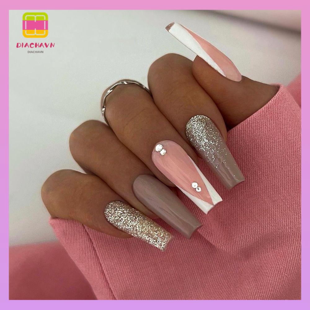 DIACHAVN Set 24 Móng Tay Giả Đính Đá Trang Trí Cho Nữ