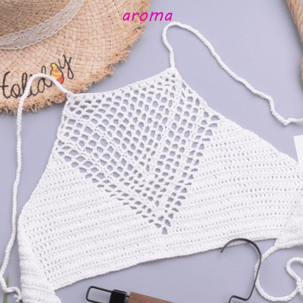 AROMA Áo Croptop Đan Móc Màu Trơn Phong Cách Bohomian Cho Phái Nữ