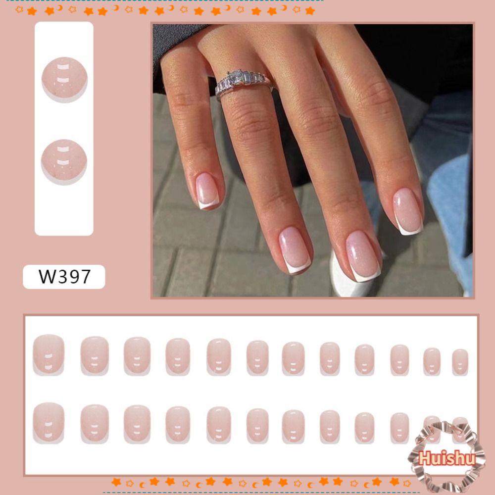 HS Set 24 Móng Tay Giả Viền Hồng Trắng Thời Trang