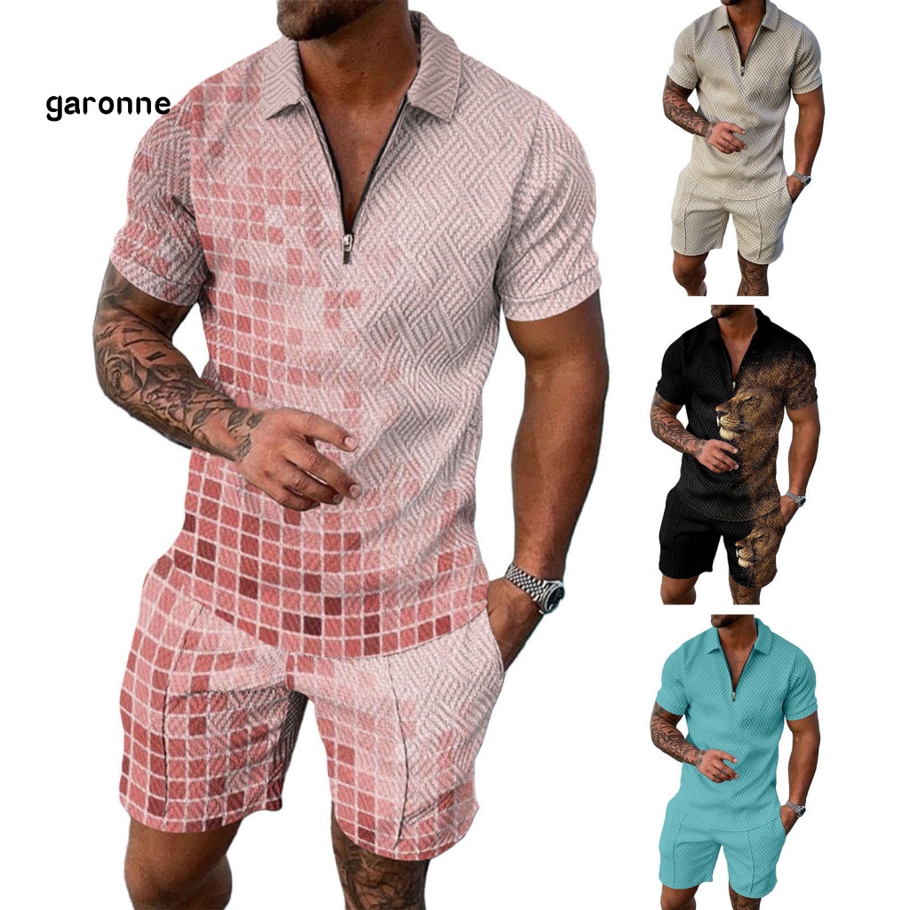 Set 2 Món Áo Thun Tay Ngắn Cổ Bẻ Dáng Rộng Có Khóa Kéo + Quần Short Thời Trang Cho Nam