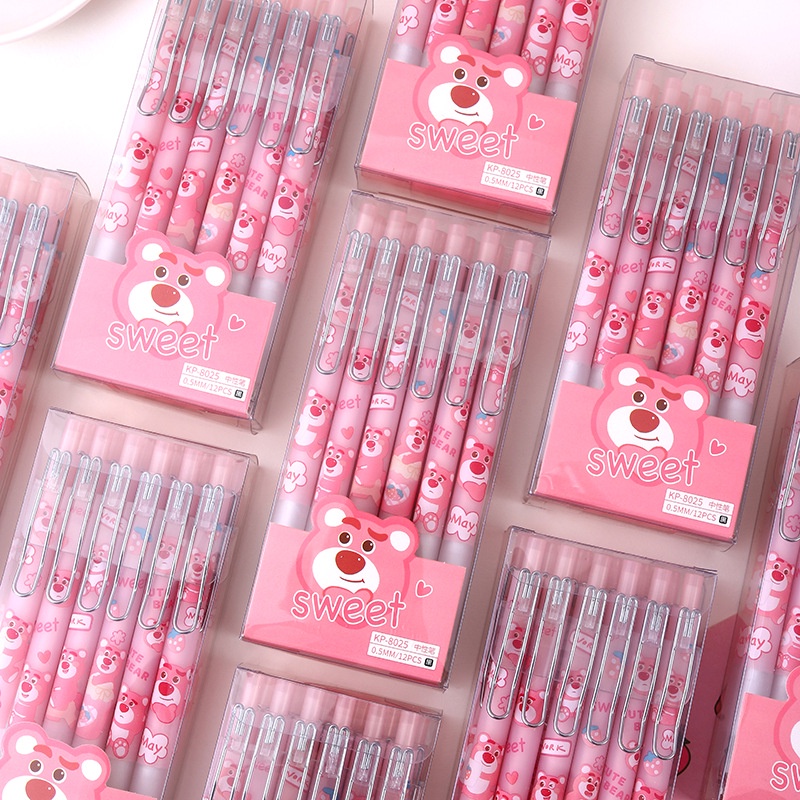 Bút Mực Gel Nhấn Móc Kim Loại Họa Tiết Gấu Dâu Hoạt Hình Sáng Tạo Cho Học Sinh / Văn Phòng 1K rẻ