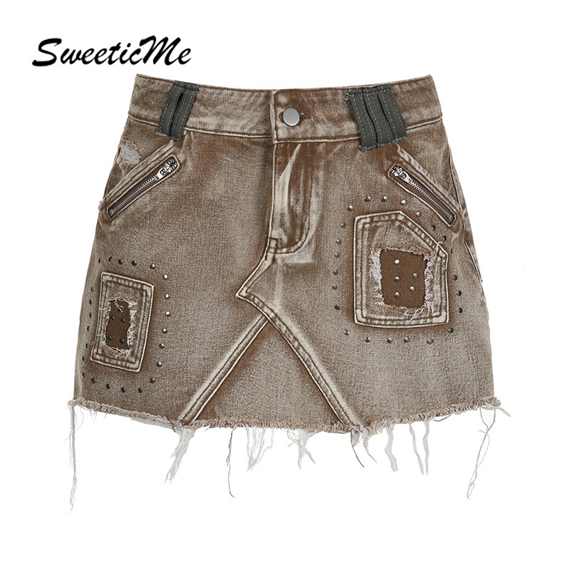 Chân váy jean Ngắn Lưng Cao Phối Khóa Kéo Đính Đinh Tán Thời Trang Đường Phố 2023 Cho Nữ