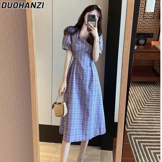 DUOHANZI  Đầm Midi Tay Ngắn Cổ Vuông Họa Tiết Sọc Caro Phong Cách Pháp Thời Trang Mùa Hè Kiểu Mới Cho Nữ