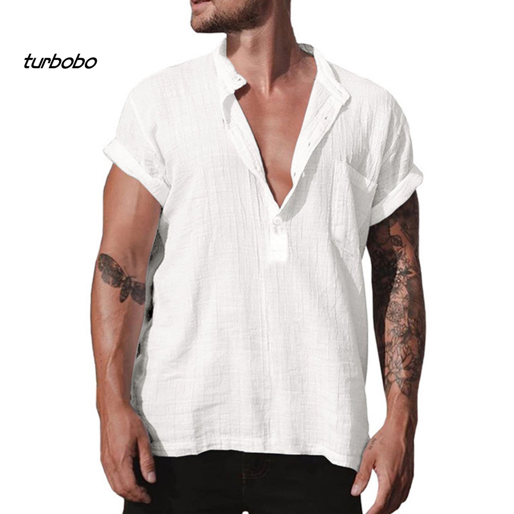 Áo Thun Tay Ngắn Cổ Đứng Dáng Rộng Màu Trơn Cài Nút Thời Trang Mùa Hè Cho Nam