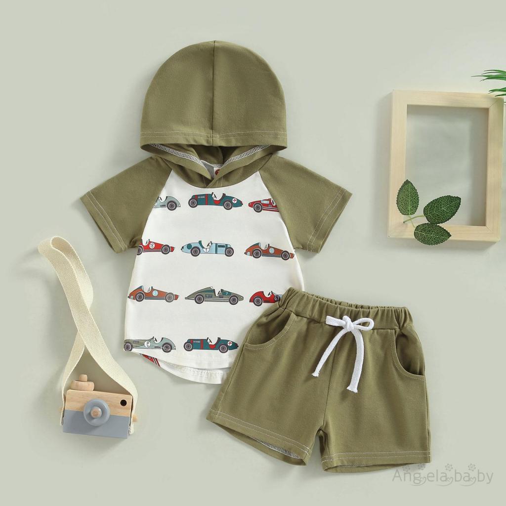 Set Đồ Mùa Hè 2 Món Gồm Áo Hoodie Tay Cộc In Hình Xe Hơi Có Nón + Quần Ngắn Màu Trơn Cho Bé Trai 0-3 Tuổi