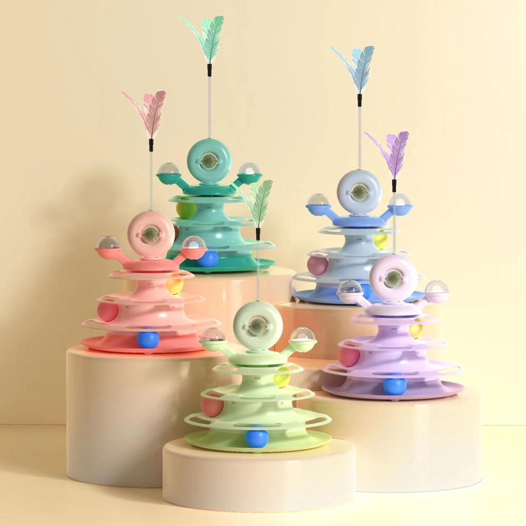 Đồ Chơi Tháp Banh Alien Có Đèn Nhấp Nháy Kèm Cây Lông Vũ &amp; Quả Bóng Catnip Xoay Tròn Vui Nhộn Cho Mèo MiluPaPa