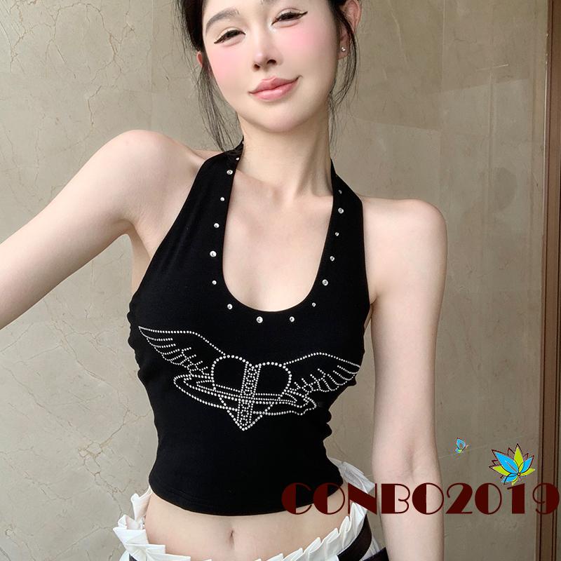 Áo Croptop Hai Dây Hở Lưng In Họa Tiết Đôi Cánh Trái Tim Đính Đá Thời Trang Đường Phố Mùa Hè Cho Nữ