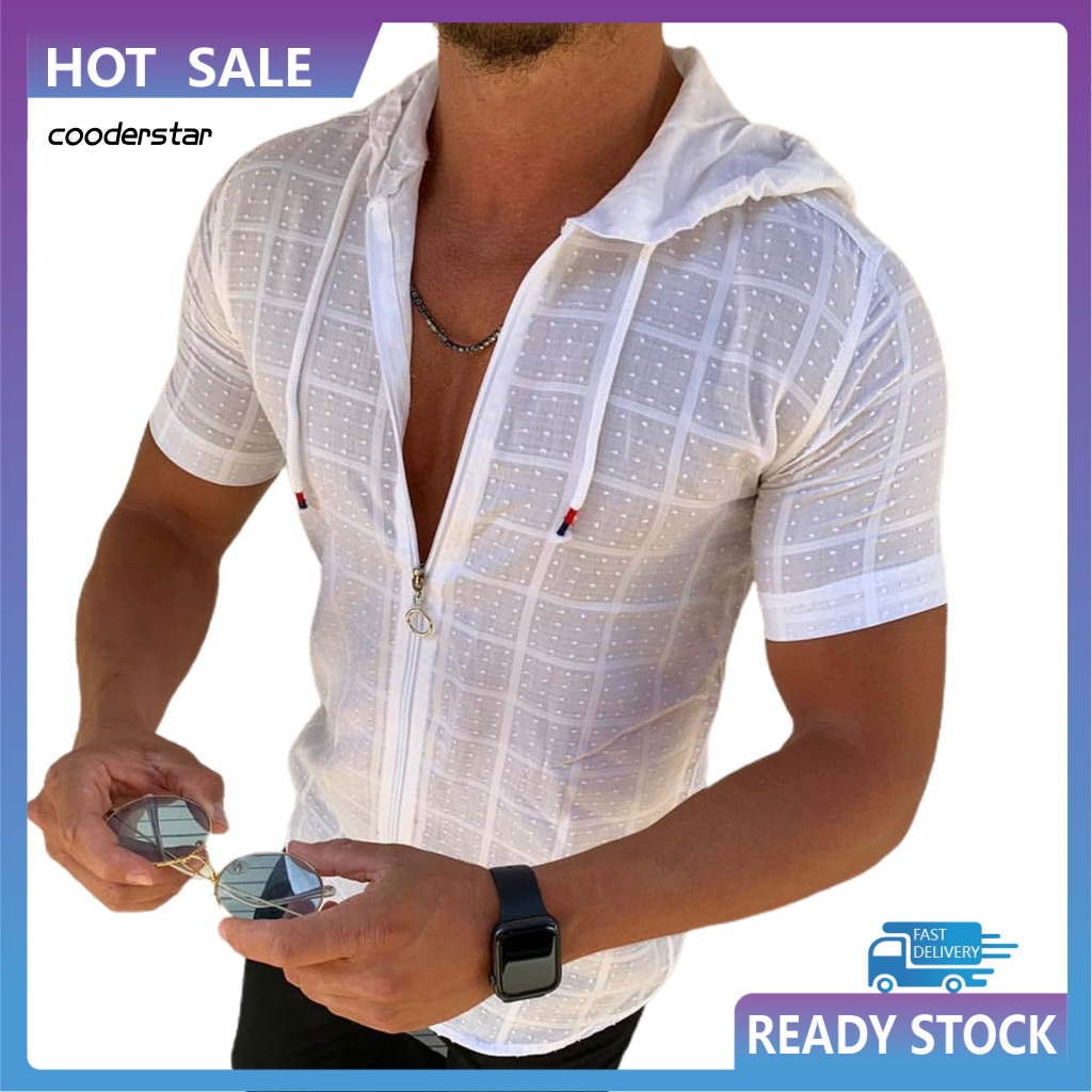 Áo Thun Tay Ngắn Có Nón Phối Khóa Kéo In Họa Tiết Caro Thời Trang Mùa Hè Cho Nam