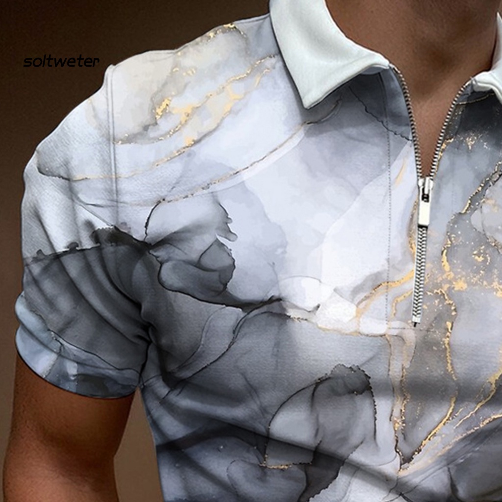 Áo Thun Tay Ngắn Cổ Bẻ Nhanh Khô Có Khóa Kéo In Họa Tiết Hình Học Thời Trang Cho Nam