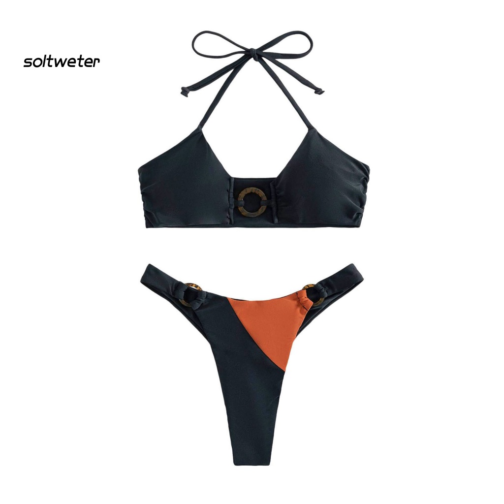 Bộ Đồ Bơi 2 Mảnh Mùa Hè Gồm Áo Cổ Yếm Cạp Cao Hở Lưng Cột Dây Màu Sắc Tương Phản Cho Nữ