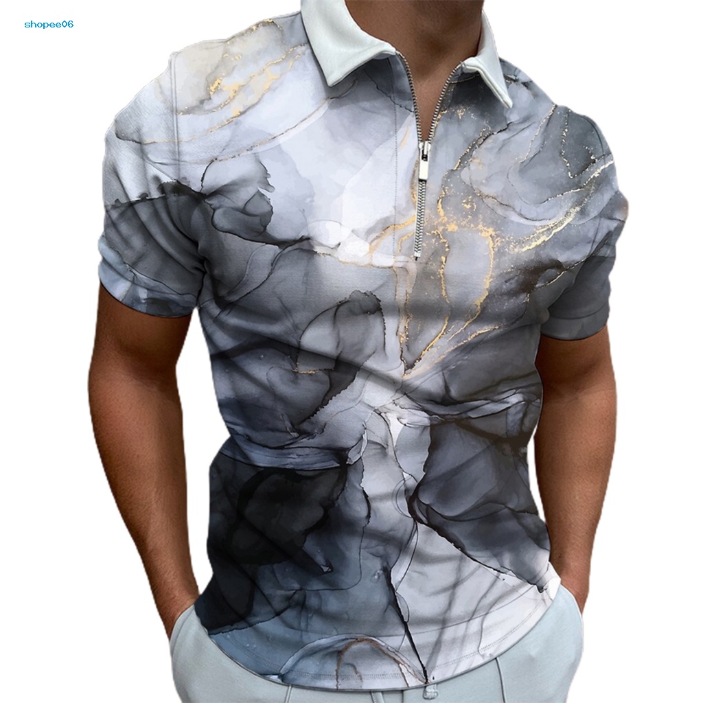 Áo Thun Tay Ngắn Cổ Bẻ Nhanh Khô In Họa Tiết Hình Học Phối Khóa Kéo Thời Trang Cho Nam