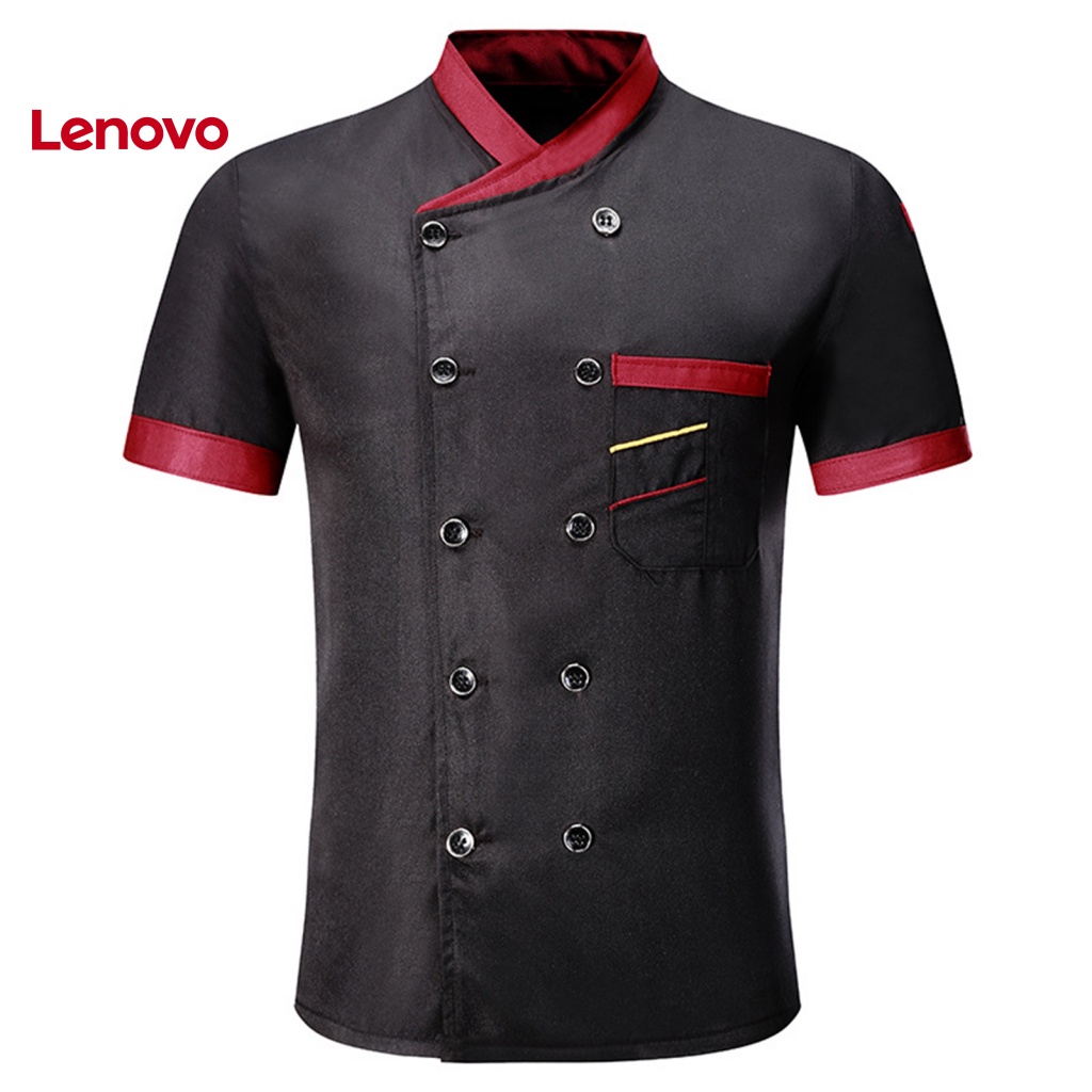 Áo Đầu Bếp Ngắn Tay Cổ Đứng Cài Hai Hàng Nút Họa Tiết Hoa Hướng Dương Phối Túi Cho Nam Nữ