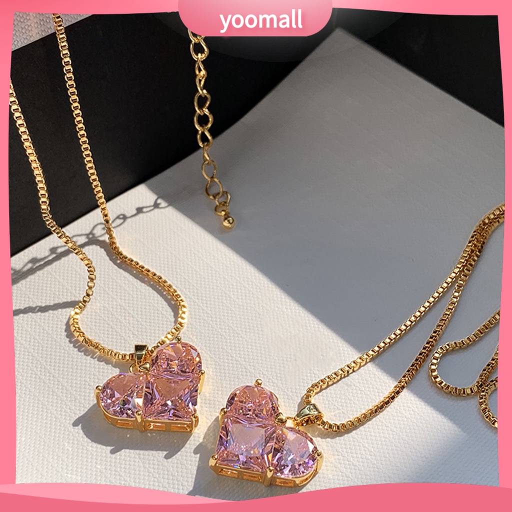 [YM] Vòng cổ Mặt Hình Học Đính Đá Zircon Màu Hồng Lấp Lánh Chống Mài Mòn Không Gây Dị Ứng Dành Cho Nữ