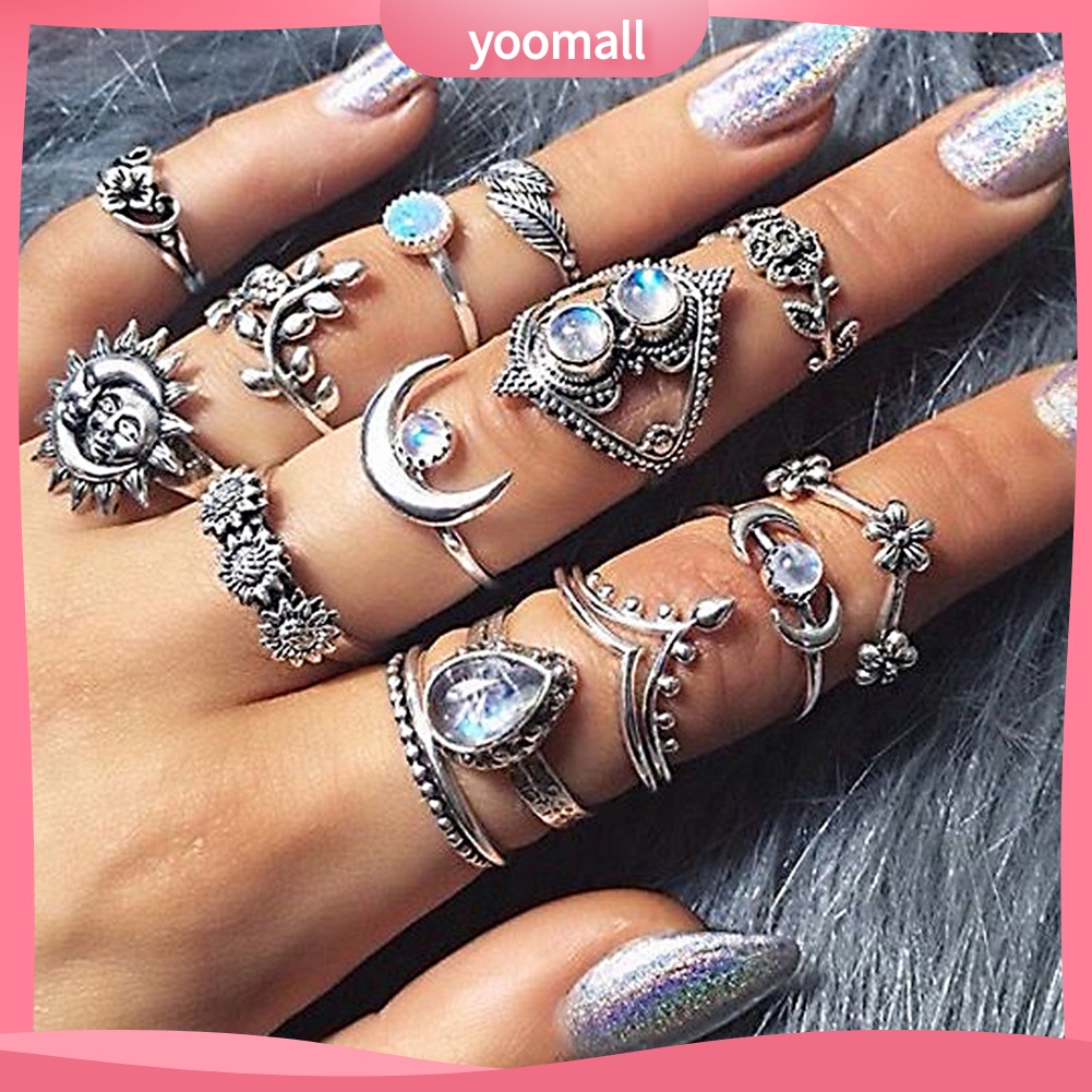 Bộ 14 Nhẫn Đeo Đốt Ngón Tay Họa Tiết Hoa Hướng Dương / Mặt Trăng Phong Cách Vintage Cho Nữ