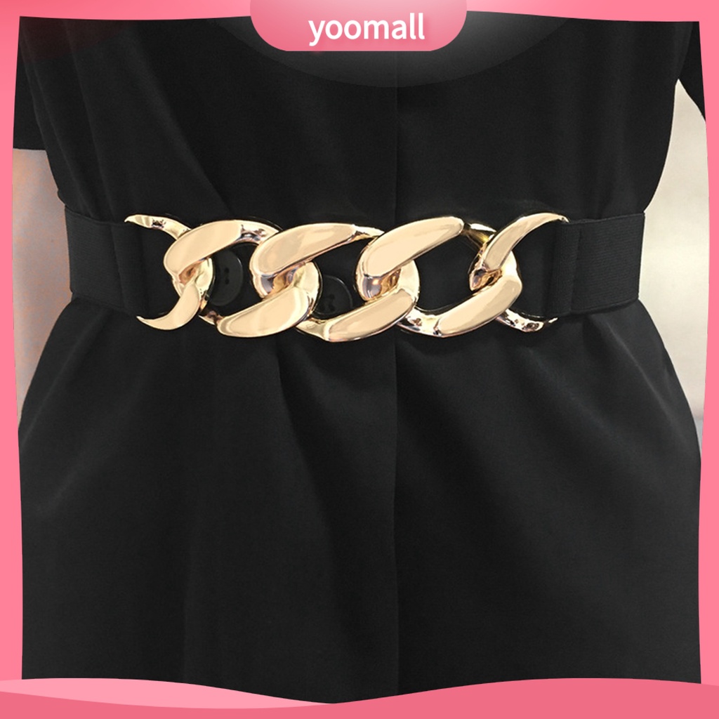 Thắt Lưng Bản Rộng Co Giãn Có Khóa Kim Loại Màu Vàng Bóng Thanh Lịch Cho Nữ