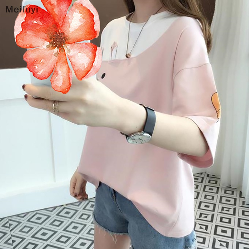 [Meifuyi] Summer Rabbit Embroidery Patchwork T-shirt Women Round Neck Short Sleeve Casual Loose T-shirt COD