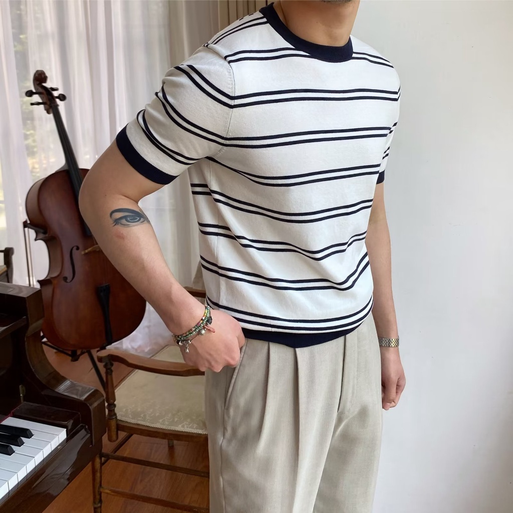 Ông Mr. Mr. Mr. Mr Áo Thun Ngắn Tay Cổ Tròn Họa Tiết Sọc Ngang Thời Trang Dành Cho Nữ