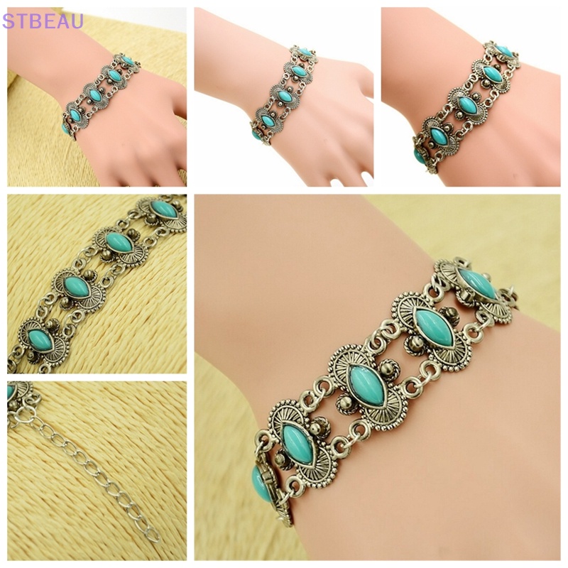 [Cxsteau] Vòng Tay Bạc Đính Đá Ngọc Lam Phong Cách Bohemian Gợi Cảm Thời Trang Cho Nữ MME
