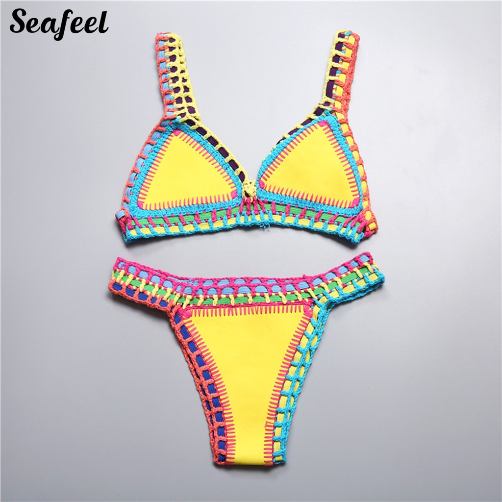 Set 2 Món Đồ Bơi Bikini Đan Móc Thủ Công Màu Sắc Tươi Sáng