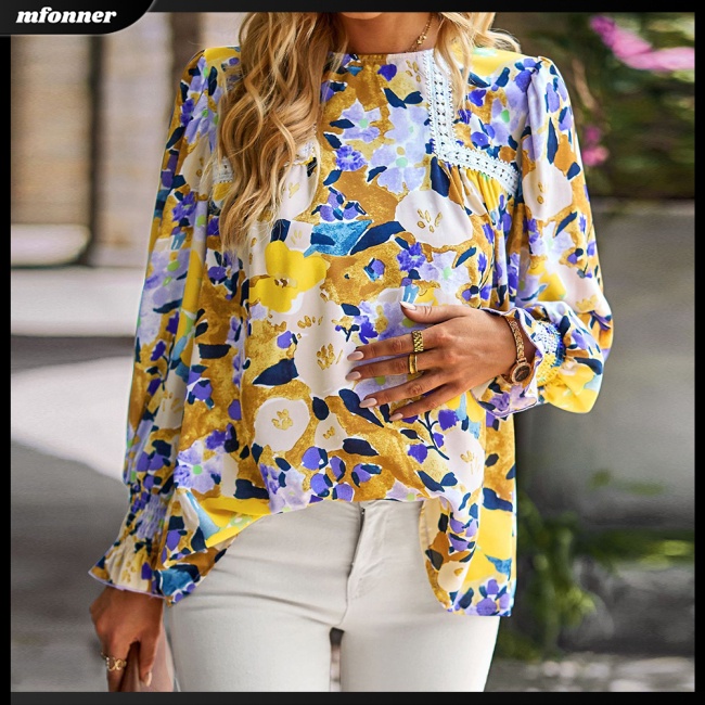 Áo Sơ Mi Tay Dài Dáng Rộng Cổ Tròn In Hoa Thiết Kế Thoáng Khí Thoải Mái Cho Nữ