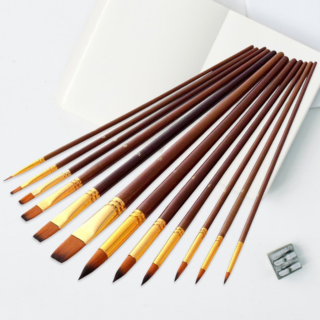 Set 12 Cọ Vẽ Màu Nước Sợi Nylon Tay Cầm Bằng Gỗ Tiện Dụng Cho Học Sinh