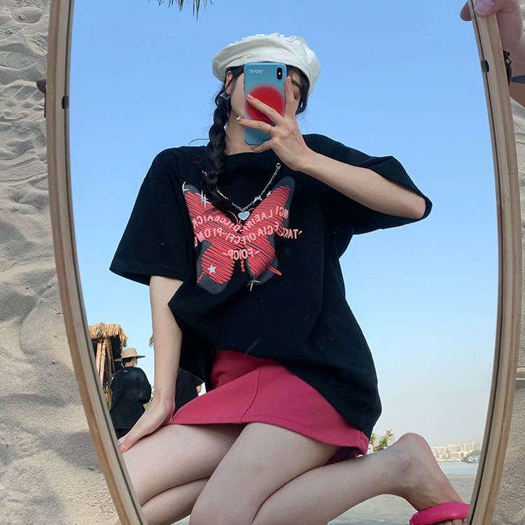 Áo Thun Ngắn Tay Dáng Rộng In Họa Tiết Phối Dây Xích Thời Trang Mùa Hè Hàn Quốc Mới Dành Cho Nữ