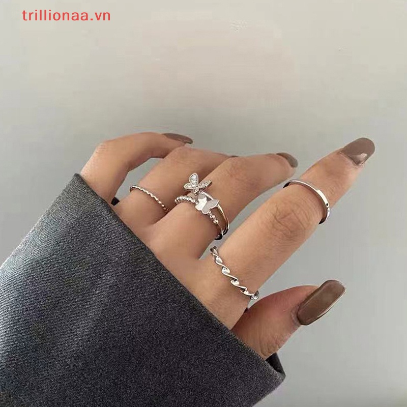 Bộ 3 / 4 Nhẫn Hình Bướm Bằng Kim Loại Có Thể Điều Chỉnh Phong Cách Hip Hop Cho Nữ