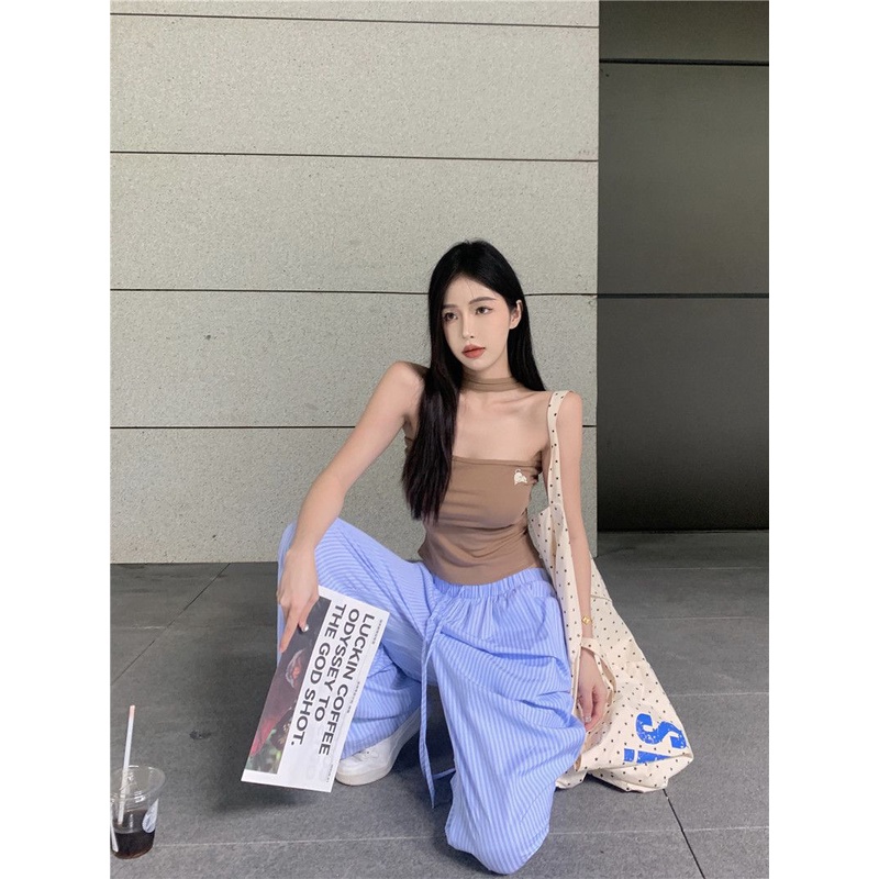 Sodazzz Áo Ống Ngắn Không Tay Thêu Hình Thời Trang Mùa Hè Màu Trơn Dành Cho Bạn Nữ