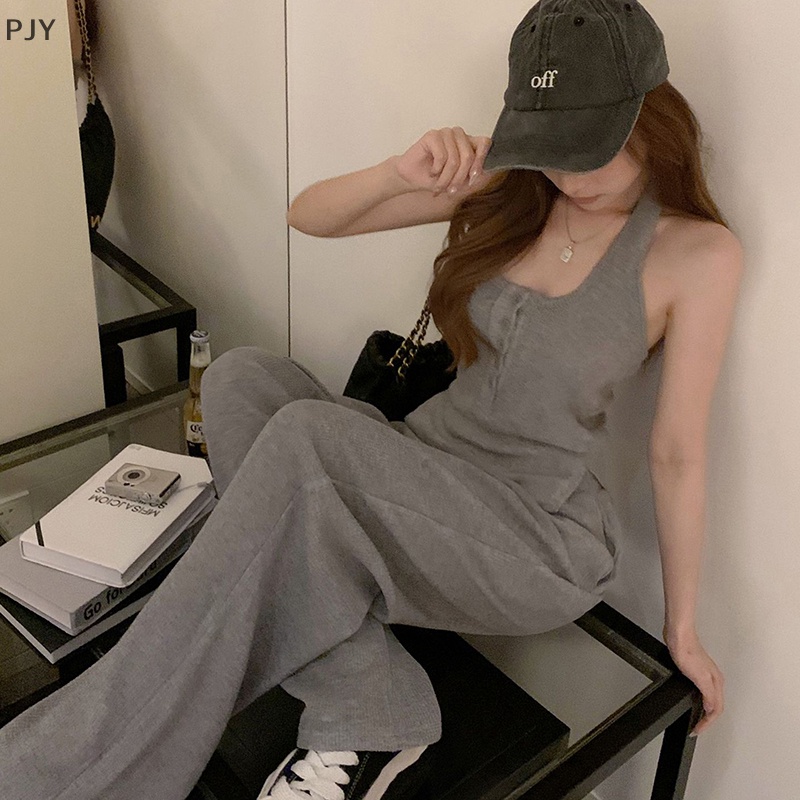 Set Đồ Thể Thao Hai Mảnh Gồm Áo Hai Dây Màu Xám Và Quần Dài Ống Rộng Mẫu Mới 2023 Thời Trang Mùa Hè Cho Nữ PJ