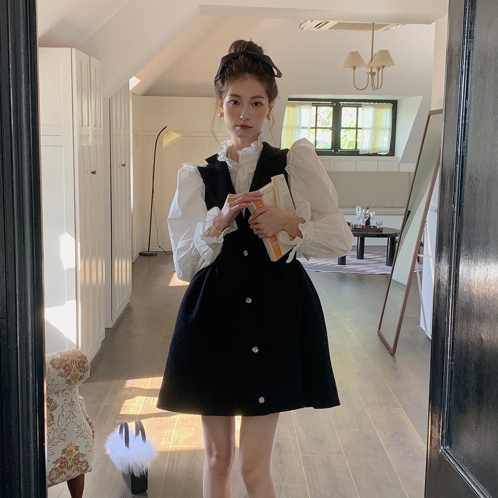 Set Áo Sơ Mi + Đầm Sát Nách Nhấn Eo Phong Cách Hàn Quốc