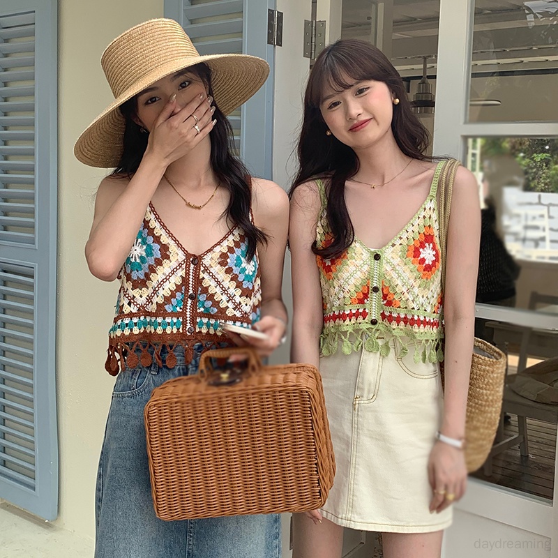 Áo Croptop Dệt Kim Cổ Chữ V Phối Tua Rua Màu Sắc Tương Phản Thời Trang Mùa Hè Cho Nữ