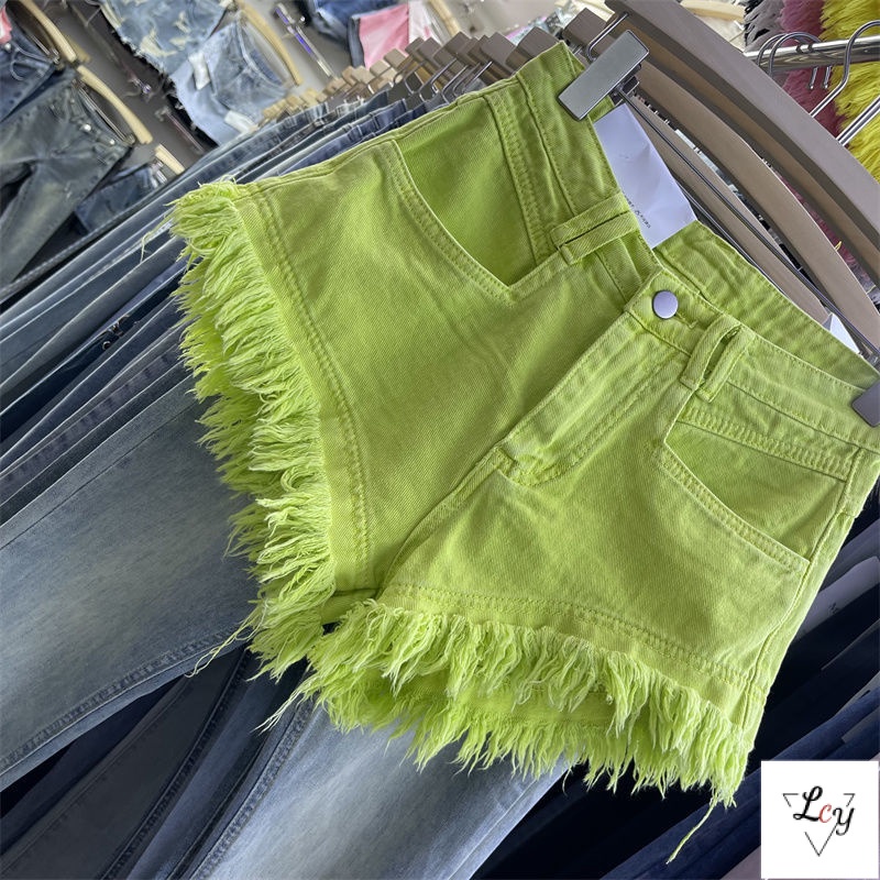 Quần Short Denim Dáng Chữ A Viền Tua Rua Màu Kẹo Ngọt Thời Trang Năm 2023 Cho Nữ