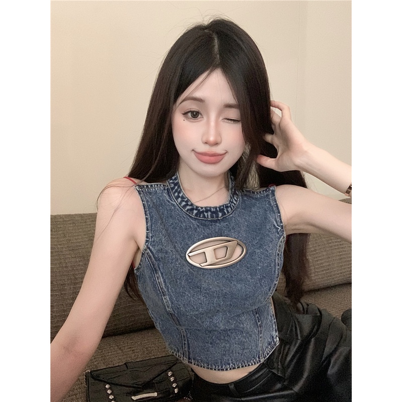 「Nonfatgirl」Áo Denim Sát Nách Hở Lưng Phong Cách Quyến Rũ Dành Cho Nữ