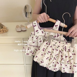 Set áo hai dây + quần họa tiết cherry + băng đô phong cách hàn quốc cho bé gái