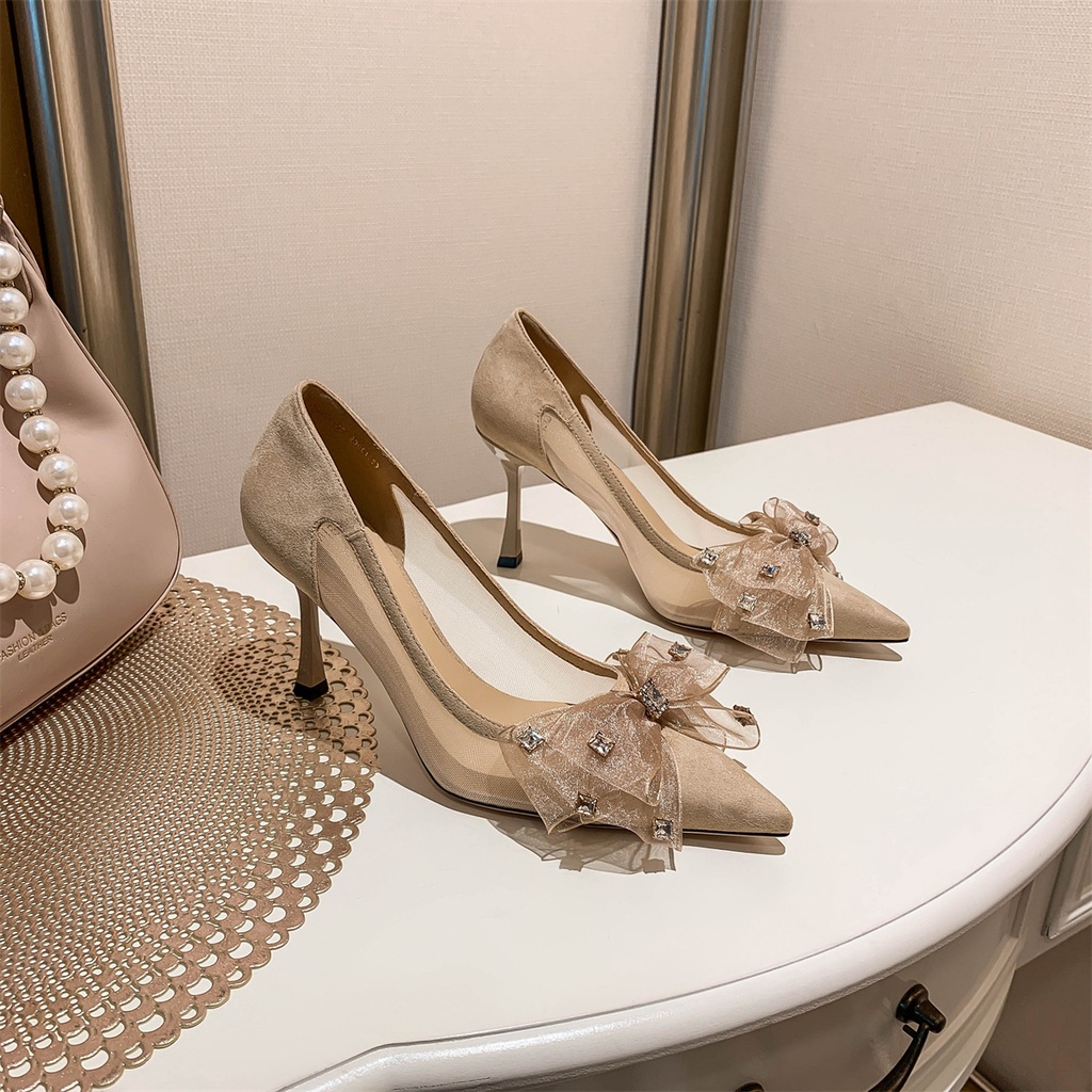 Giày Cao Gót Mũi Nhọn Đính Nơ Thời Trang Mùa Xuân Mới 2023 Cho Nữ