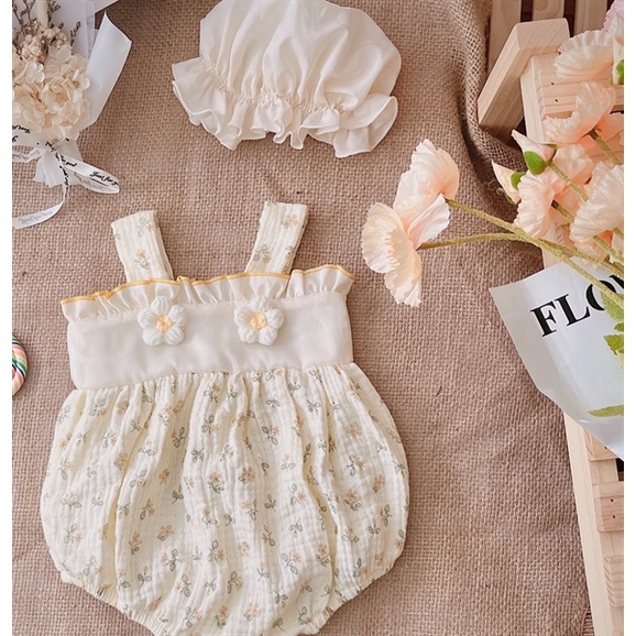 Body xô muslint 2 dây hôa vàng kèm mũ cho bé gái (4-12kg)