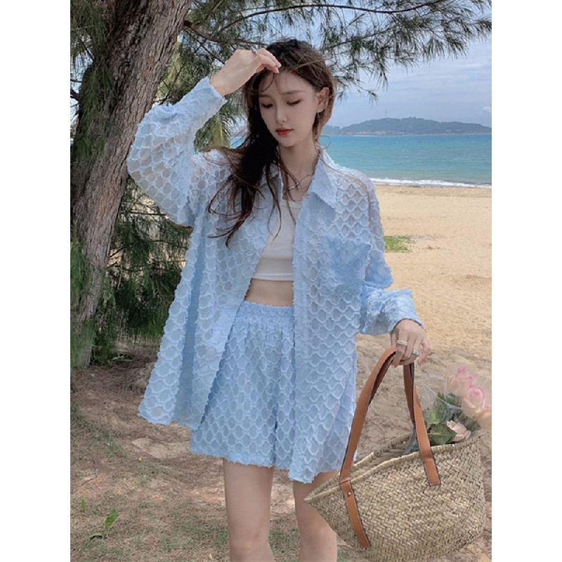 New vacation style large size sunscreen clothes UV-proof breathable cardigan shorts suit girls' loose large size two-piece suit