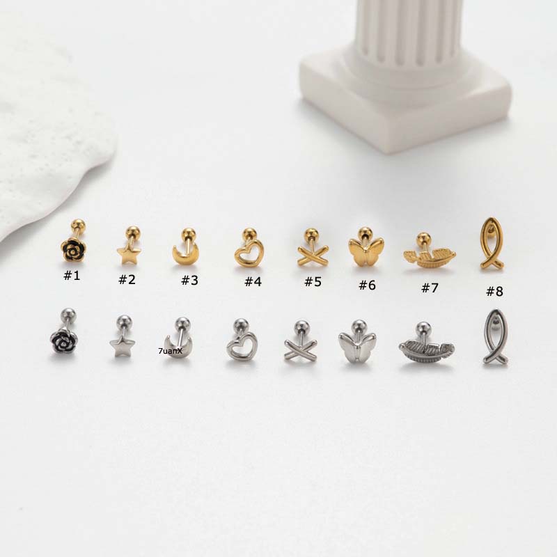 1 Khuyên Xỏ Sụn Tai Mini Bằng Thép Không Gỉ 20Gauge Hình Hoa Hồng / Bướm / Trăng Sao