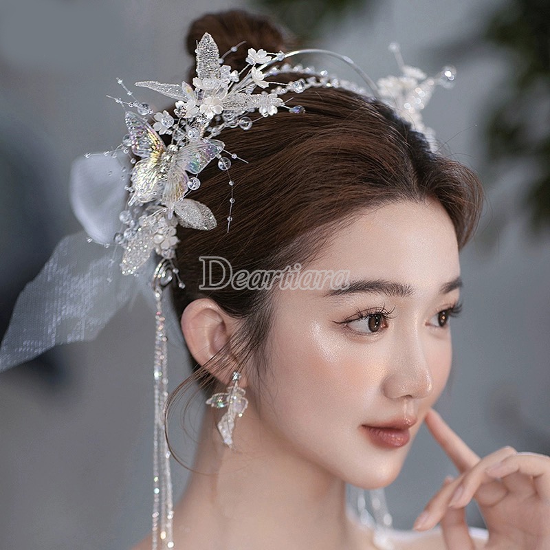 Vương Miện Cài Tóc Đính Pha Lê Hình Hoa & Bướm Handmade Cho Nữ