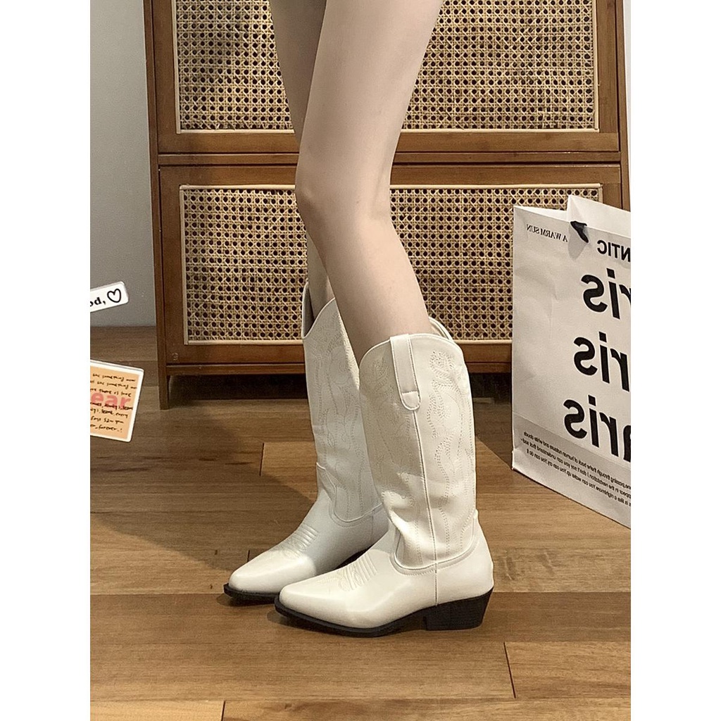 Giày Bốt Cao Bồi Mũi Nhọn Màu Trắng Phong Cách Retro Phương Tây Thời Trang Mùa Hè 2023 Mới