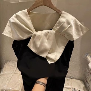 French flying sleeve color-blocking bow t-shirt độc đáo phụ nữ mùa hè phong cách mỏng thiết kế thích hợp cảm giác áo sơ mi nhỏ thời trang