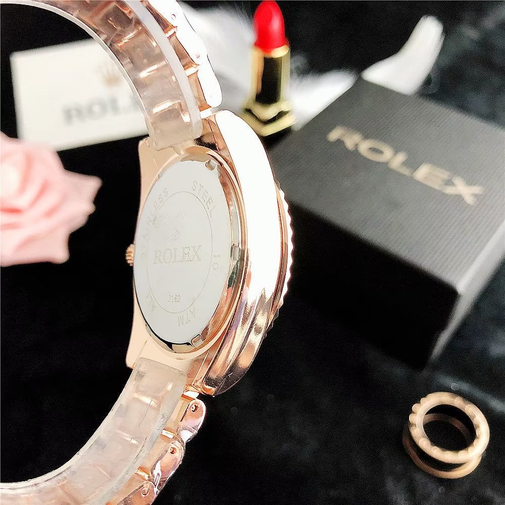 Đồng Hồ Rolex Mặt Tròn Đính Kim Cương Dây Da Thép Không Gỉ Thời Trang Cho Cặp Đôi