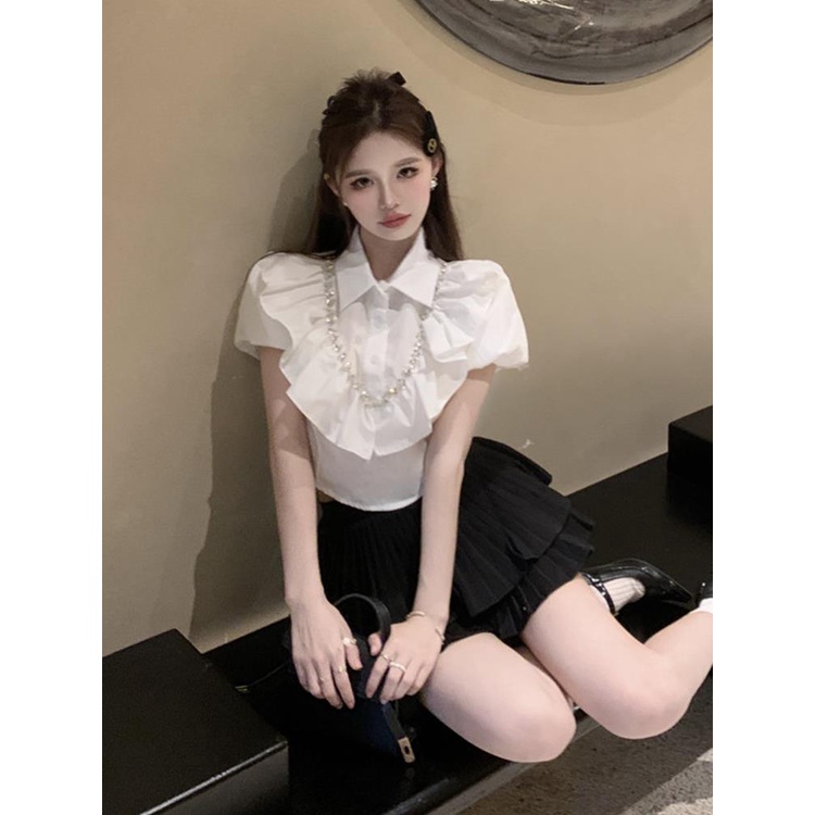 Áo Sơ Mi Ngắn Ôm Dáng Tay Phồng Cổ Polo Đính Đá Tinh Tế Thời Trang Mùa Hè Cho Nữ