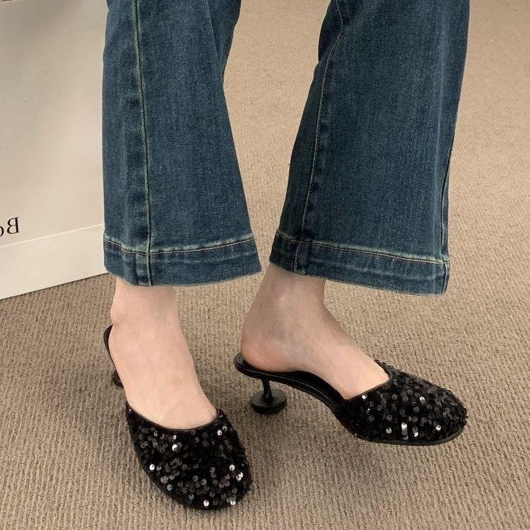 Dép Cao Gót Mũi Tròn Đính Kim Sa Thời Trang Cho Nữ Size 35-40