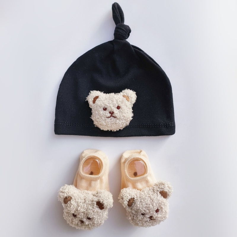 Mũ Beanie Kèm Vớ Chống Trượt Mềm Mại Thoáng Khí In Hoạt Hình Dễ Thương Cho Bé