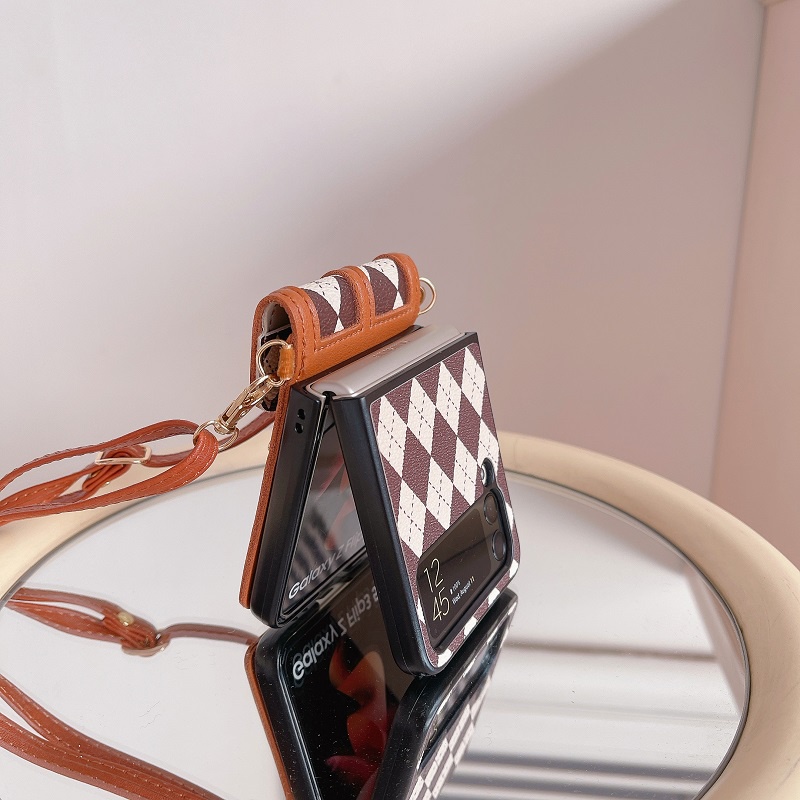 Ốp Điện Thoại Da Nắp Gập Họa Tiết Lưới Có Ngăn Đựng Thẻ Và Dây Đeo Chéo Sang Trọng Cho Samsung Galaxy ZFlip4 Flip3 flip5 5G