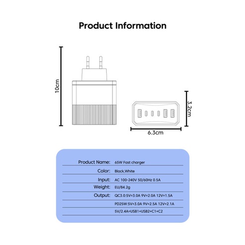 Củ Sạc Nhanh 6 Cổng USB Type C QC3.0 PD 65W Cho Điện Thoại