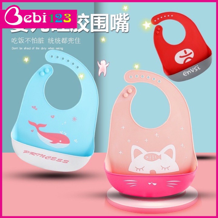 Yếm ăn dặm silicon hoạt hình siêu nhẹ chống dính có máng hứng cho bé Bebi123
