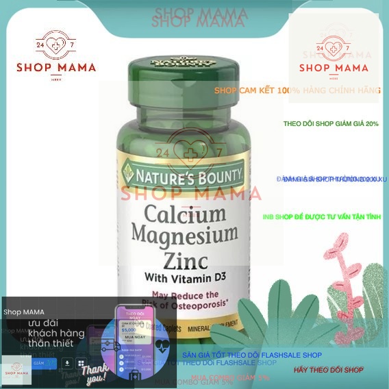 Viên uống Calcium Magnesium Zinc Nature's Bounty hỗ trợ duy trì sức khoẻ hệ xương H100v [made in USA]